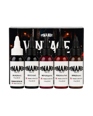 Dynamic Vintage Color Tattoo Ink Set 5 bottles 1oz 30ml each with bottles in front and box behind vintage inspired tattoo ink set for classic and muted color work COZ Tattoo Supplies