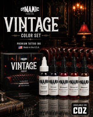 Dynamic Vintage Color Tattoo Ink Set 5 bottles 1oz 30ml each with bottles in front and box behind on vintage themed background premium tattoo ink set COZ Tattoo Supplies