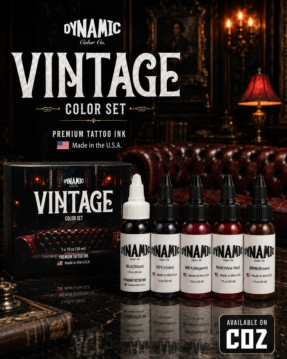 Dynamic Vintage Color Tattoo Ink Set 5 bottles 1oz 30ml each with bottles in front and box behind on vintage themed background premium tattoo ink set COZ Tattoo Supplies