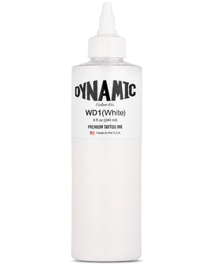 A 8 fl oz (240 ml) bottle of Dynamic Color Co. WD1 (White) Premium Tattoo Ink, shown on a clean white background with a clear bottle and a white cap.