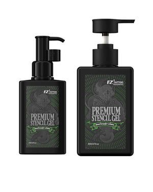EZ Premium Stencil Gel bottles for tattoo stencil application in 150ml and 300ml sizes.