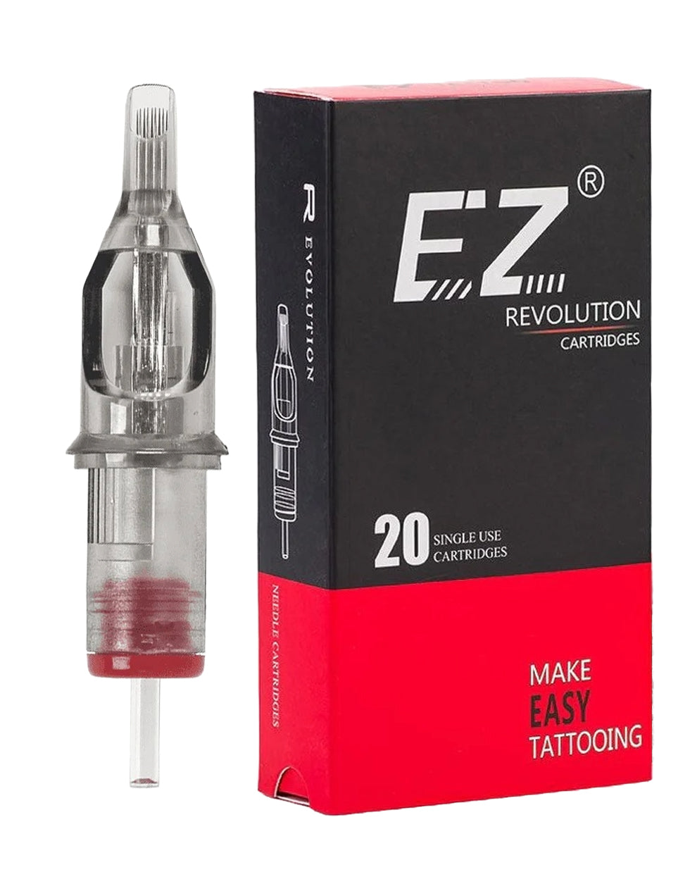 EZ Revolution Curved Magnum Tattoo Cartridges 20pcs box with red base and transparent tip.