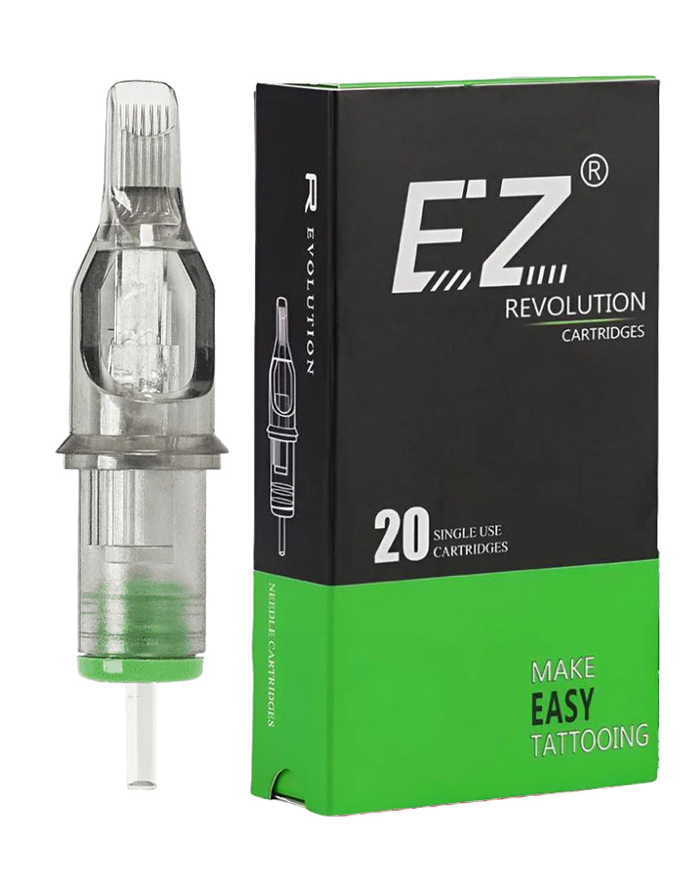 EZ Revolution Magnum Tattoo Cartridges box with one clear single-use needle cartridge for professional tattoo shading and color packing.