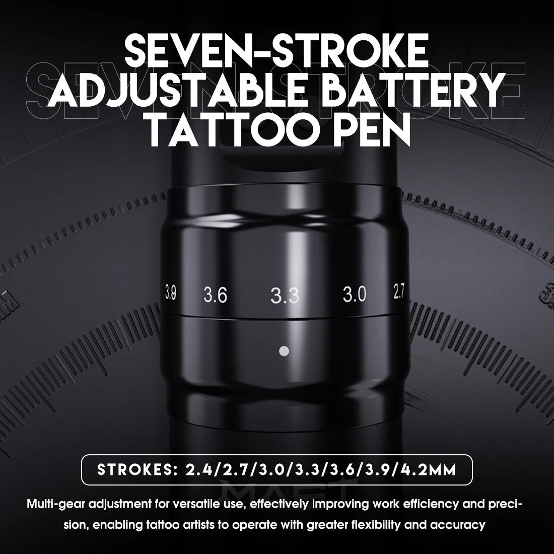 Close-up of Dragonhawk Fold2 Pro tattoo pen showing 7 adjustable stroke lengths (2.4–4.2mm) for precise control and versatile tattooing.