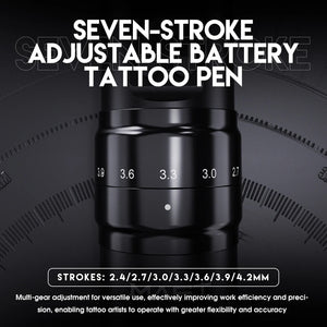 Close-up of Dragonhawk Fold2 Pro tattoo pen showing 7 adjustable stroke lengths (2.4–4.2mm) for precise control and versatile tattooing.