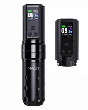 Dragonhawk Mast Fold2 Pro wireless tattoo machine front view with dual battery.