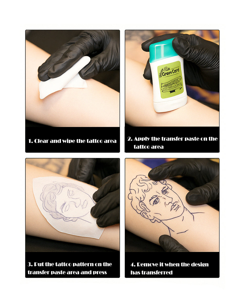 Step-by-step instructions showing how to use tattoo transfer gel for long-lasting stencil application.