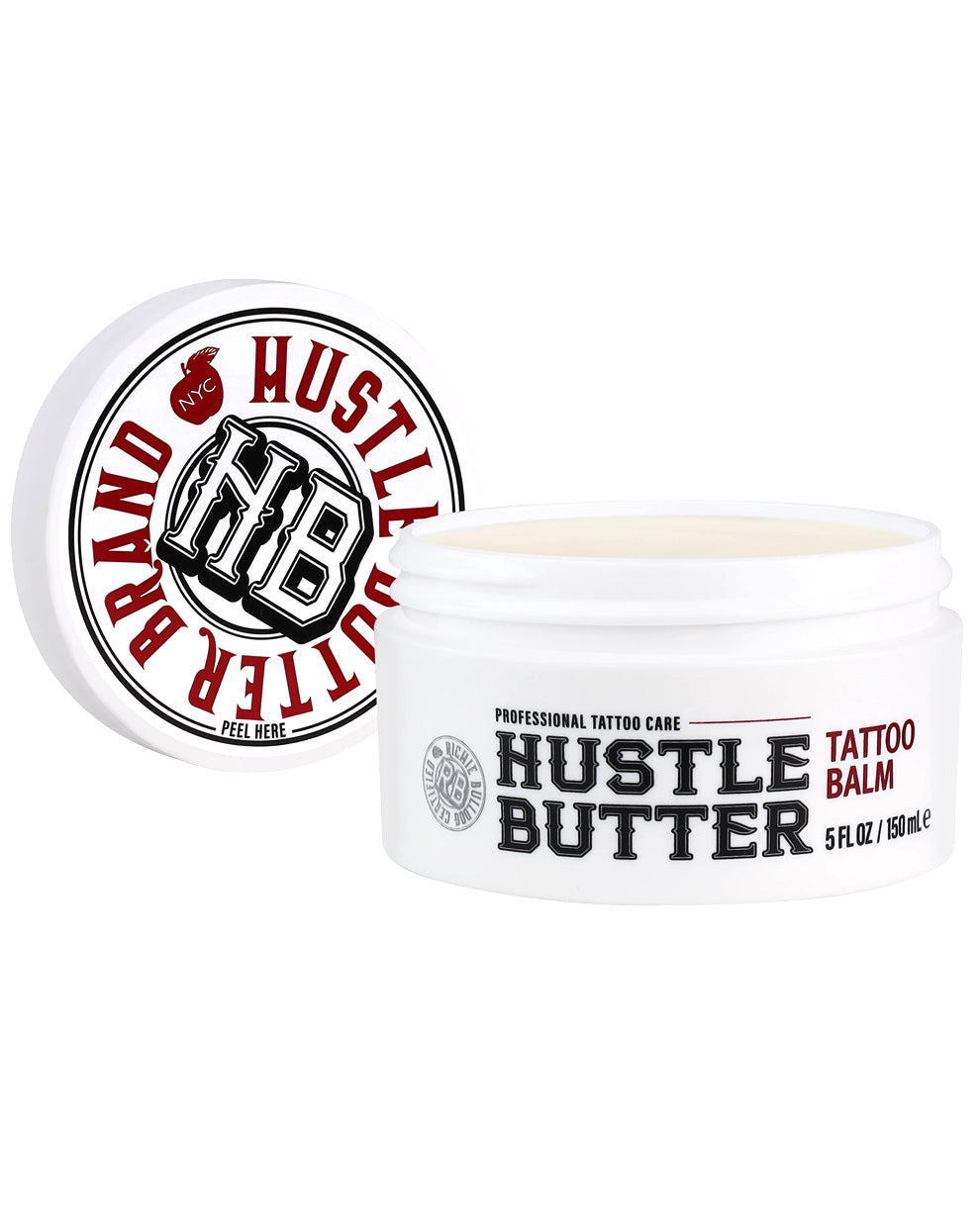 Open jar of Hustle Butter Tattoo Balm Deluxe 5 oz with lid shown, professional tattoo balm available at COZ Tattoo Supplies