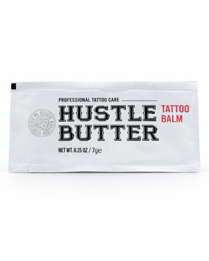 Single-use Hustle Butter Tattoo Balm Deluxe aftercare sachet 0.25oz (7.5g) for tattoo aftercare, sold by COZ Tattoo Supplies
