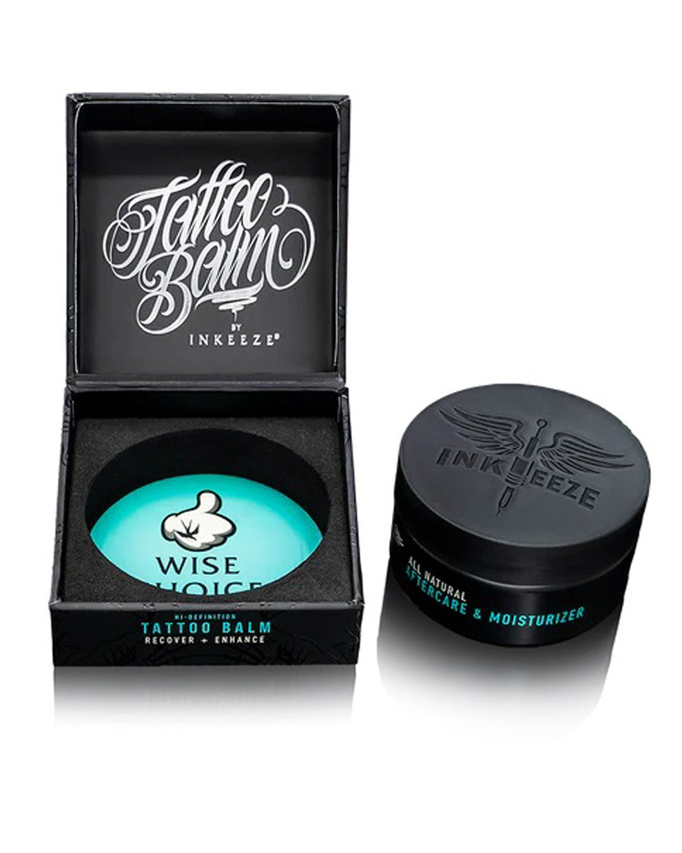 INKEEZE Hi-Definition Tattoo Balm 1.8oz jar shown with packaging and insert, premium tattoo care product from COZ Tattoo Supplies Canada