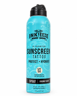 A single aerosol sunscreen spray bottle on a plain white background. The bottle is bright turquoise blue with black text and graphics, a black cap, and visible branding reading inkeeze Tattoo Products.