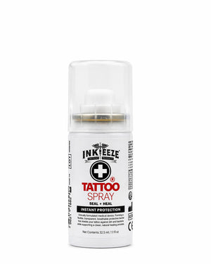 INKEEZE tattoo spray contact free tattoo finish 32.5ml close up label detail bottle clean white background coz tattoo supplies
