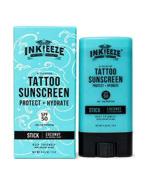 INKEEZE Tattoo Sunscreen Stick SPF 50 Sublime Limited Edition 0.5oz tattoo safe sunscreen stick with updated retail box packaging available at COZ Tattoo Supplies