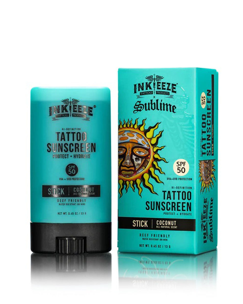 INKEEZE Tattoo Sunscreen Stick SPF 50 Sublime Limited Edition 0.5oz tattoo safe sunscreen with retail box available at Coz Tattoo Supplies