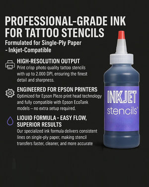 Professional-grade InkJet Stencils ink for Epson printers with high-resolution output and easy-flow formula for tattoo stencil printing.