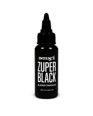 Intenze Zuper Black Tattoo Ink bottle – premium black tattoo ink for professionals in Canada. Perfect for bold lining and deep saturation.