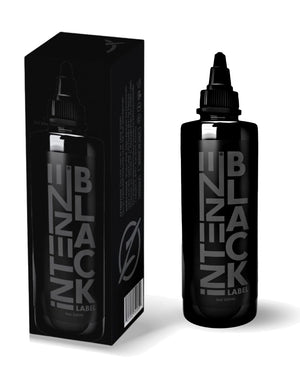 Intenze Black Label Tattoo Ink bottle – premium black ink for professional tattoo artists.