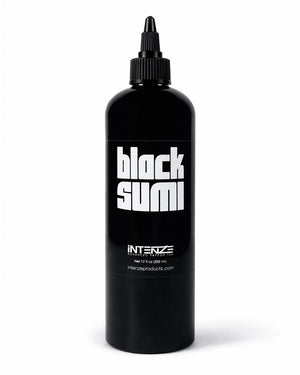 Intenze Black Sumi tattoo ink 12 oz bottle on a clean white background, professional studio product photo by Coz Tattoo Supplies