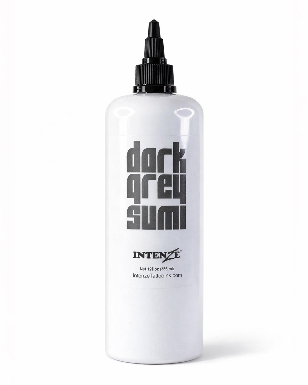 Intenze Dark Grey Sumi tattoo ink 12 oz bottle on white background, professional studio product photo by Coz Tattoo Supplies