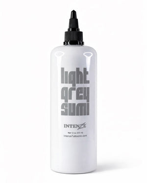Intenze Light Grey Sumi tattoo ink 12oz bottle on clean white background, professional studio product photography for tattoo artists