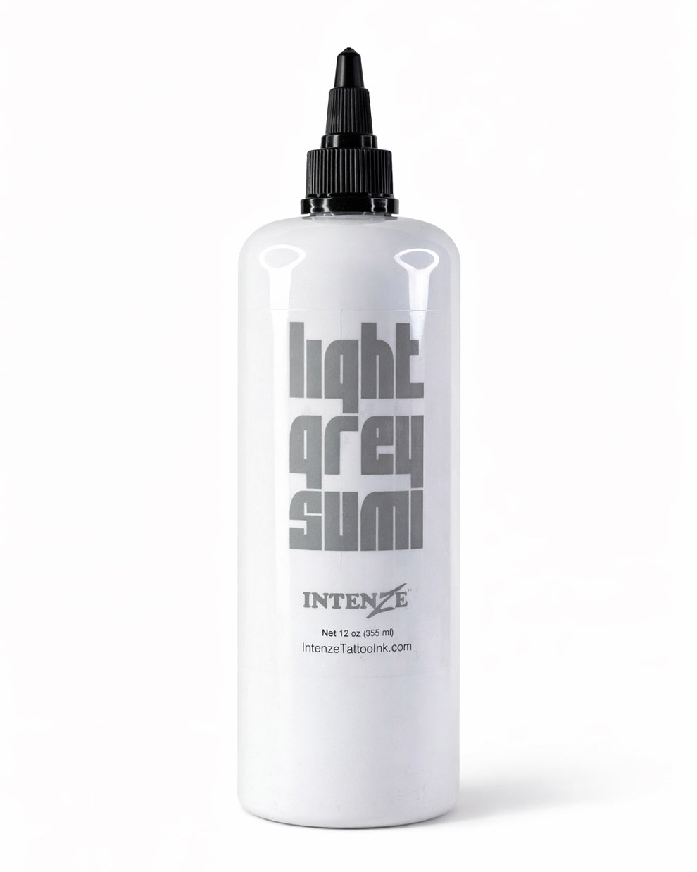 Intenze Light Grey Sumi tattoo ink 12oz bottle on clean white background, professional studio product photography for tattoo artists