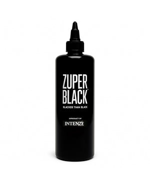 Intenze Zuper Black Tattoo Ink bottle – ultra-black, high-performance ink for tattoo artists, designed for maximum saturation and smooth flow.