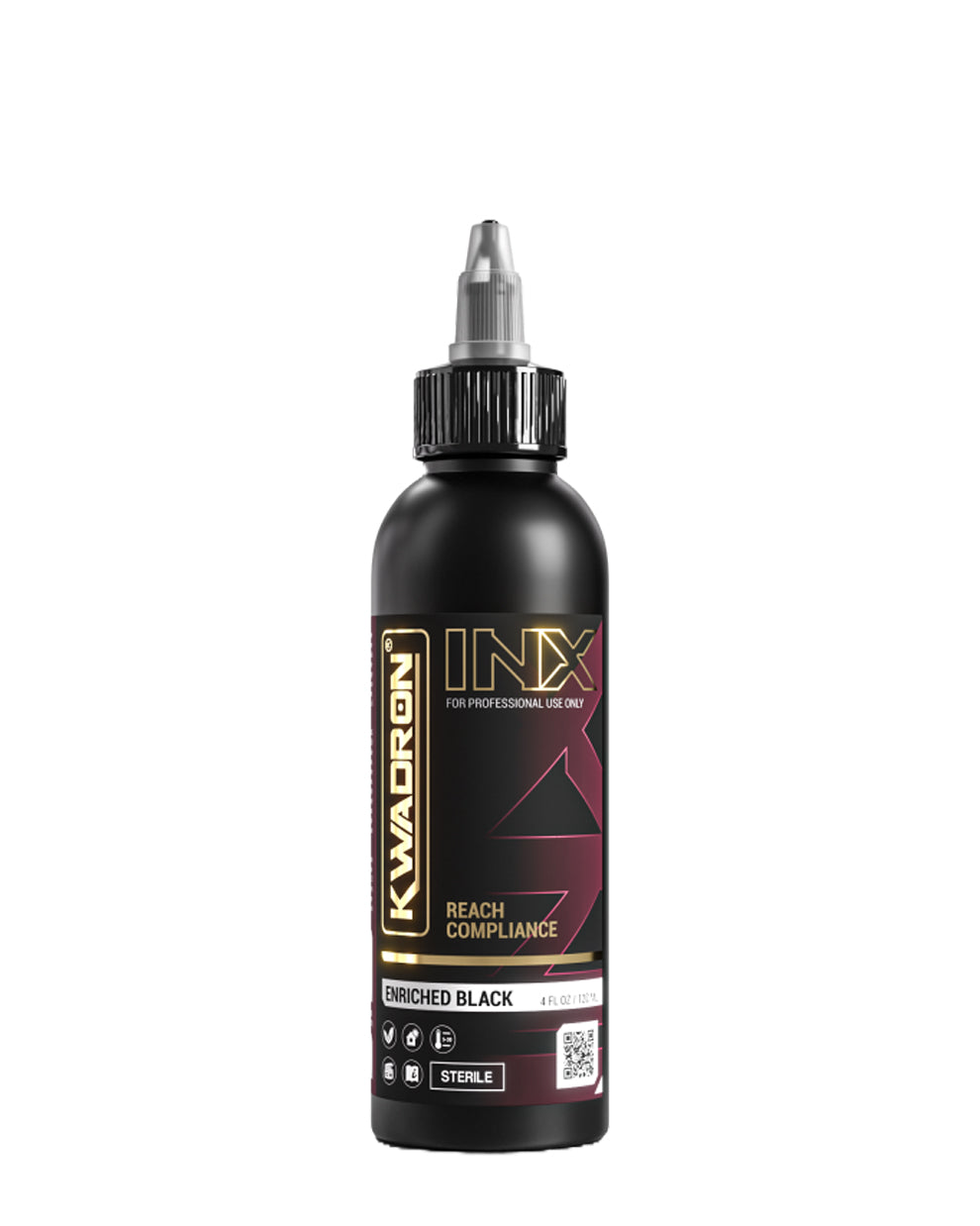 Kwadron INX Enriched Black Tattoo Ink bottle 120ml - professional deep black tattoo ink.