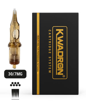 Kwadron 30/7MGLT Magnum L-Taper tattoo cartridge with box on white background