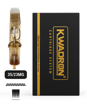 Kwadron 35/23MGLT Magnum L-Taper tattoo cartridge with box on white background