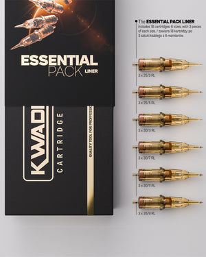 Kwadron Round Liner Essential Pack tattoo cartridges arranged with box