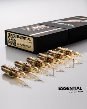 Kwadron Round Shader Essential Pack tattoo cartridges with packaging angled view