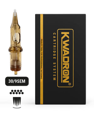 Kwadron Soft Edge Magnum L-Taper 30/9 tattoo cartridge next to branded packaging