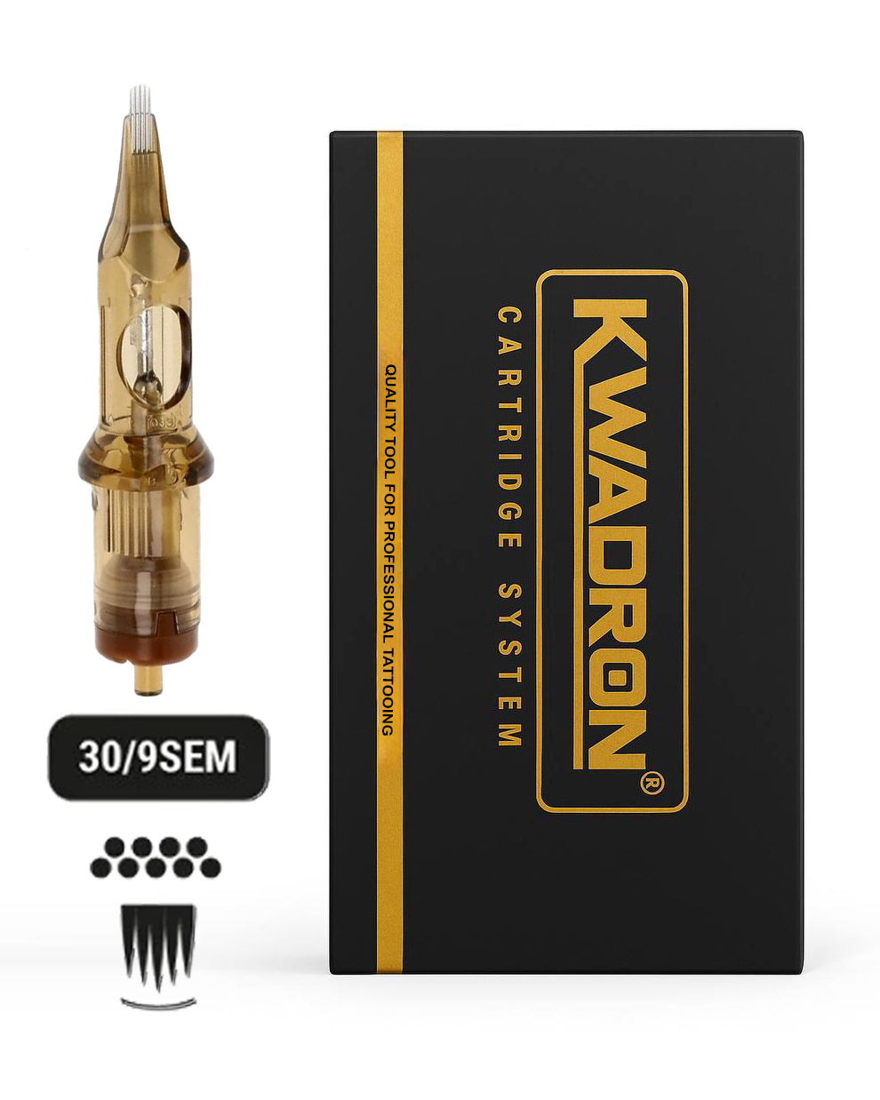 Kwadron Soft Edge Magnum L-Taper 30/9 tattoo cartridge next to branded packaging