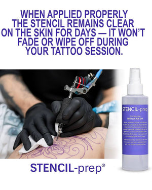 Tattoo artist using Stencil-prep spray for long-lasting stencil clarity during tattoo session.