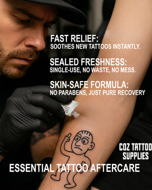 Tattoo artist applying single-use ointment on fresh tattoo – skin-safe and sealed for freshness.