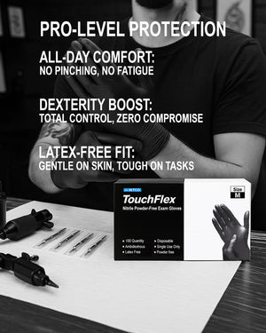 Black TouchFlex nitrile gloves worn by tattoo artist in studio setup with cartridge needles and tattoo machine – Size M, latex-free, powder-free, pro-grade fit.