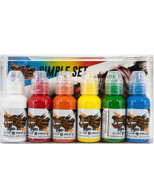 World Famous 6 Color Simple Tattoo Ink Set 6 bottles 1oz 29.57ml each in boxed packaging with essential colors for bold tattoo work COZ Tattoo Supplies