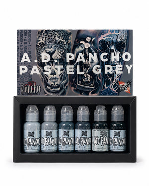 World Famous A.D. Pancho Pastel Greys Tattoo Ink Set 6 bottles professional pastel grey tattoo ink set for smooth shading soft transitions and black and grey tattoo work COZ Tattoo Supplies