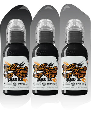 World Famous Greywash Tattoo Ink 3 Bottle Set featuring dark midtone and charcoal greywash inks professional set for smooth shading gradients and black and grey tattoo work COZ Tattoo Supplies
