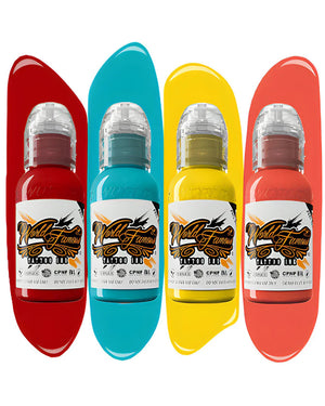 World Famous Japanese Mini Tattoo Ink Set 4 bottles 1oz 29.57ml each with red teal yellow and coral color splash background vibrant tattoo inks for Japanese style designs COZ Tattoo Supplies