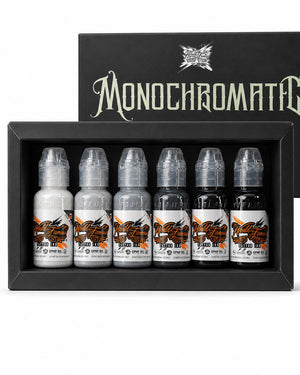 World Famous Mono Chromatic Tattoo Ink Set 6 bottles boxed set featuring monochrome tattoo inks for smooth shading black and grey work and tonal transitions COZ Tattoo Supplies