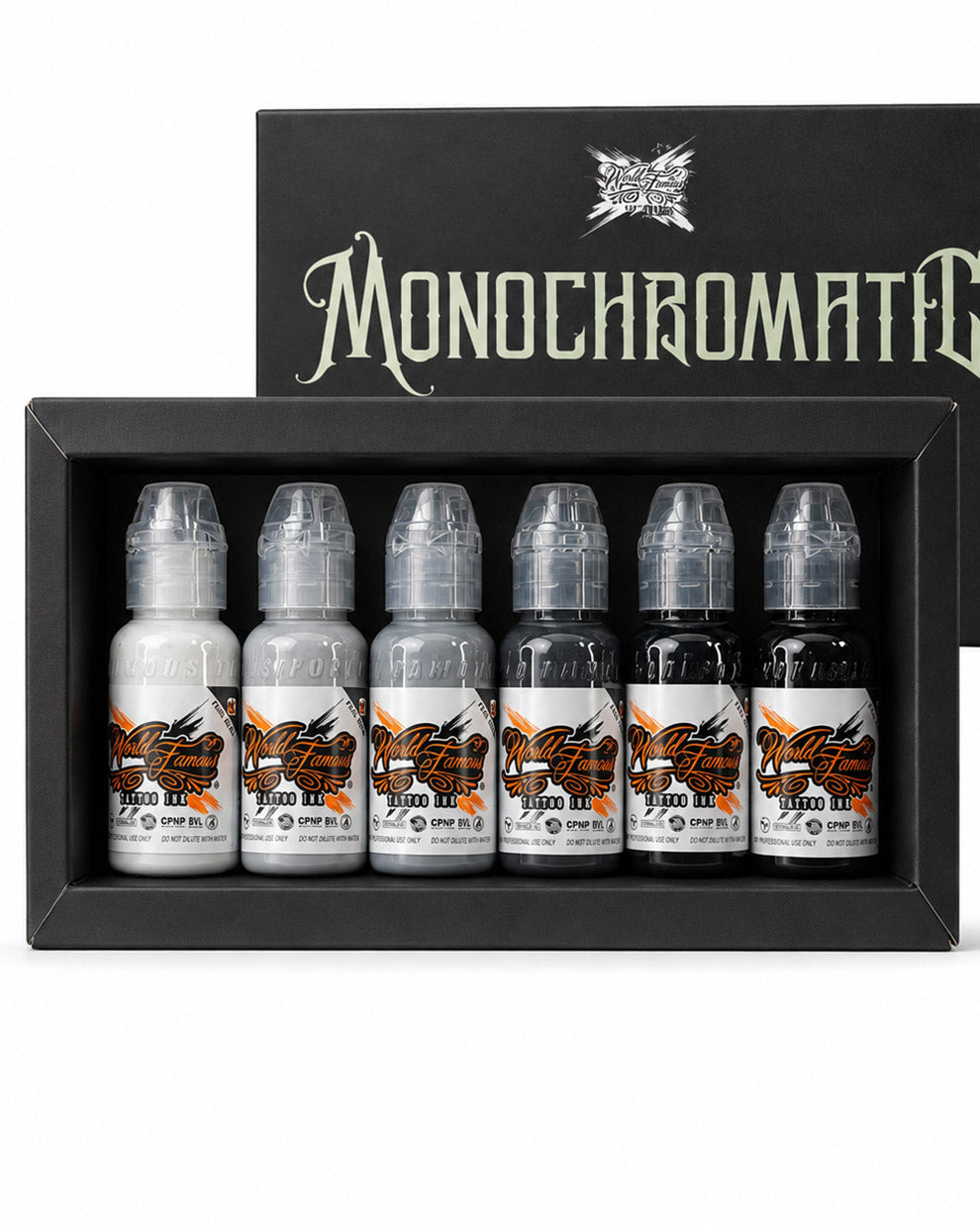 World Famous Mono Chromatic Tattoo Ink Set 6 bottles boxed set featuring monochrome tattoo inks for smooth shading black and grey work and tonal transitions COZ Tattoo Supplies