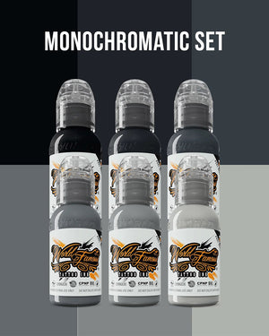 World Famous Mono Chromatic Tattoo Ink Set 6 bottles shown in monochromatic lineup with black grey and white shades for smooth shading tonal transitions and black and grey tattoo work COZ Tattoo Supplies