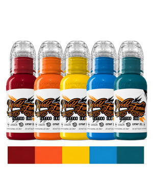 World Famous Neo-Traditional Mini Tattoo Ink Set 5 bottles 1oz each with color strip palette red orange yellow blue teal professional tattoo inks for bright saturated neo traditional designs COZ Tattoo Supplies