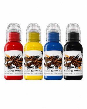World Famous Traditional Mini Tattoo Ink Set 4 bottles 1oz each red yellow blue black clean white background professional tattoo ink set for lining and color packing COZ Tattoo Supplies