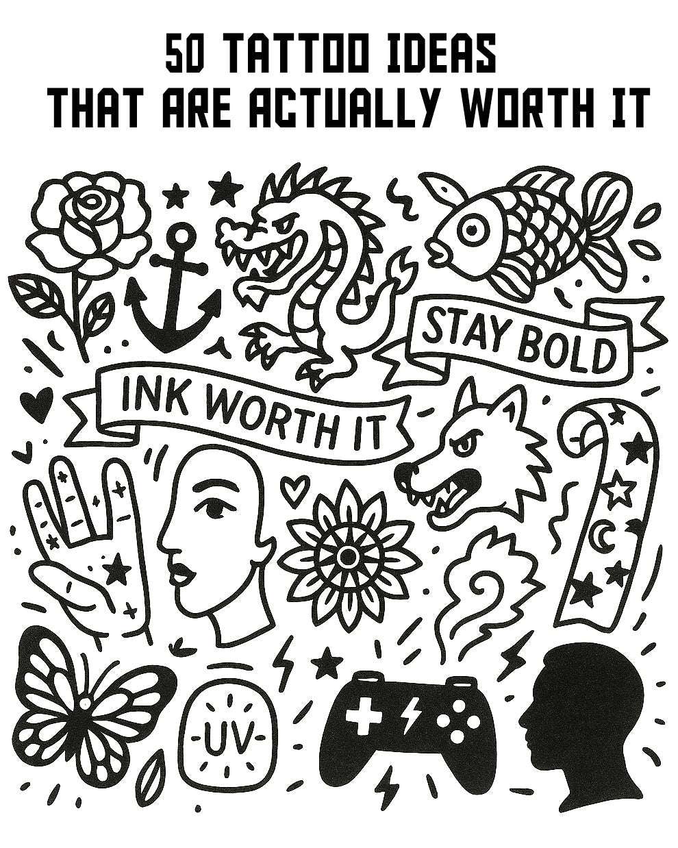 Doodle-style tattoo flash sheet with 50 creative tattoo ideas including dragon, rose, wolf, anchor, fish, and 'INK WORTH IT' banner