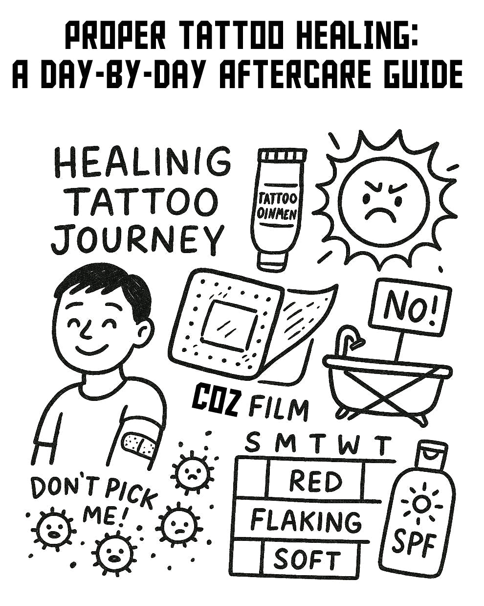 Day-by-day tattoo healing doodle with aftercare tips like ointment, film, SPF, and avoiding picking
