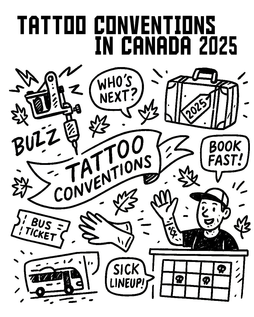 Cartoon-style poster for Tattoo Conventions in Canada 2025 with tattoo machine, artist, suitcase, and event symbols