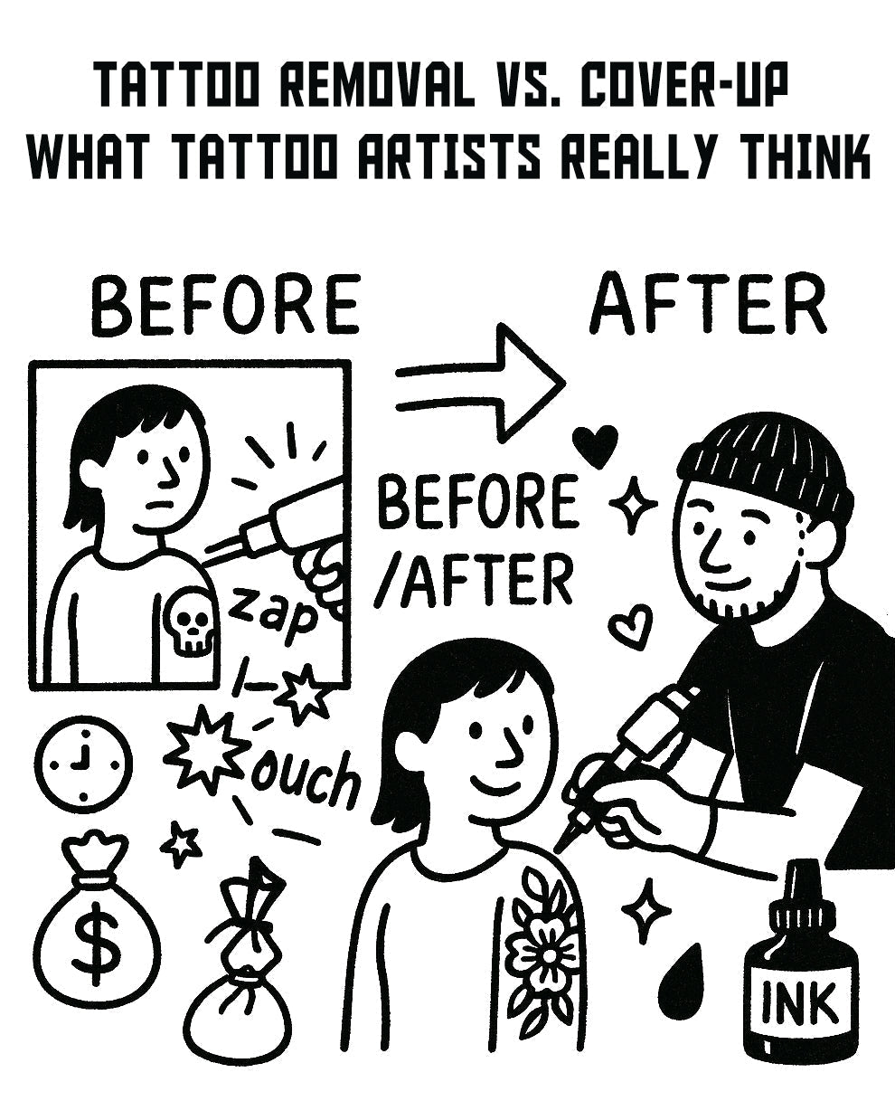 Doodle illustration comparing tattoo removal pain and cost to a cover-up tattoo process and results