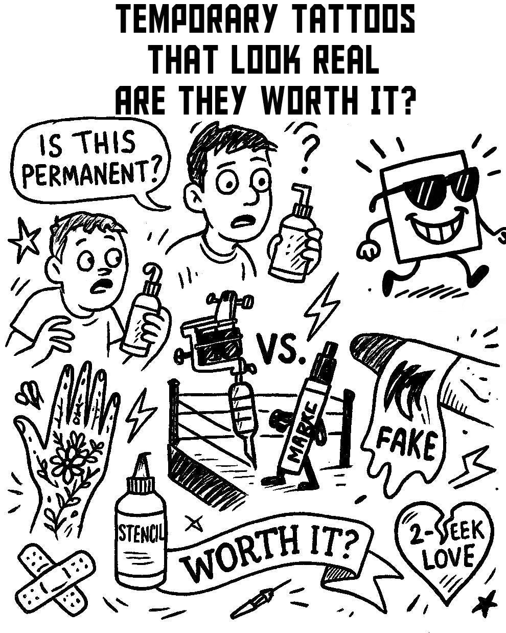 Comic-style illustration comparing real vs. fake tattoos, with temporary tattoo products, stencil, tattoo machine, and 'Is this permanent?' speech bubble